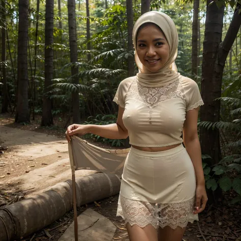 A 52 years old Indonesian woman in cream color hijab, wearing cream color lace tight t-shirt, wearing very short see-through cream color lace skirt, skirtlift, villager, poor woman, darker skin, curvier body, short body, smiling and standing in a dark fore...