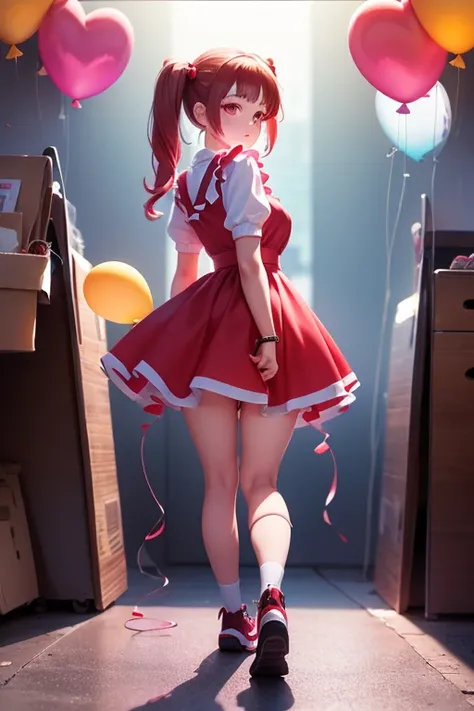 a 11 years old girl, ((having a lot of balloons)) , real photo, (((full body))), (looking back at me), twin tails, (red apron dress), cyberpunk , ((sunlight))