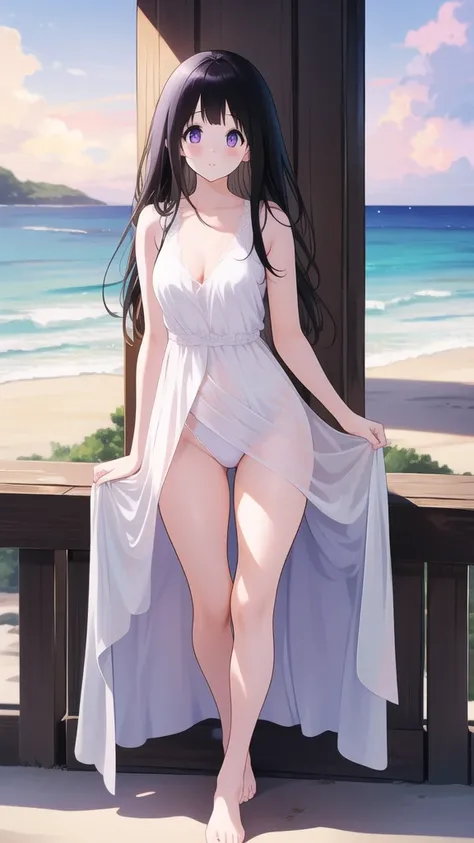 Stunning Chitanda, There is only one beautiful girl，purple eyes, black hair, Naturally straight hair, straight bangs，extremely refined，lips open，flowing long hair，Peerless beautiful girl, dreamlike，Slim，soft, (Sensual), (kawaii), Dream quality，white dress，...