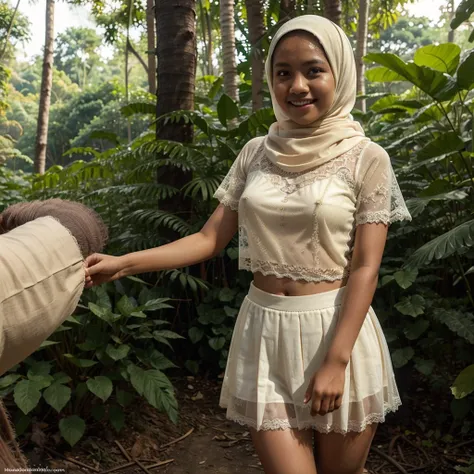 A 12 years old Indonesian woman in cream color hijab, wearing cream color lace tight t-shirt, wearing very short see-through cream color lace skirt, skirtlift, villager, poor woman, darker skin, curvier body, short body, smiling and standing in a dark fore...