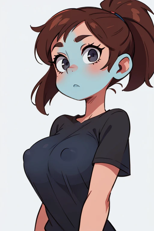  girl, blue skin, Brown hair, Medium Hair, gray eyes, black tshirt showing titties