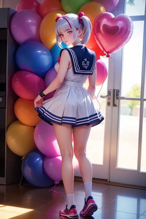 a 14 years old girls, ((having a lot of balloons)) , real photo, (((full body))), (looking back at me), twin tails, (Sailor dress), cyberpunk , ((sunlight))