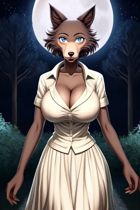 Beastars art style, beastars, Juno, brown wolf, she Wolf, 1girl, furry, long curly brown fur, slim figure, blue eyes, wide hips, Big breasts, White skirt, White top, cleavage, night time, woods, moon