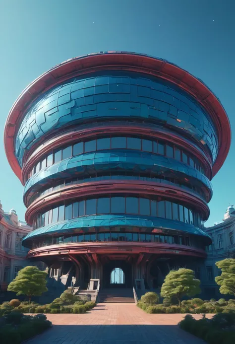 (best quality,,highres,masterpiece:1.2), magical view of a large building with a circular structure in the middle, realism | beeple, beeple daily art, alien architecture, futuristic architectural art, beeple. hyperrealism, beeple |, beeple!!, by Beeple, be...