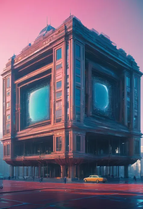 (best quality,,highres,masterpiece:1.2), magical view of a large building with a giant square structure in the middle, realism | beeple, beeple daily art, alien architecture, futuristic architectural art, beeple. hyperrealism, beeple |, beeple!!, by Beeple...