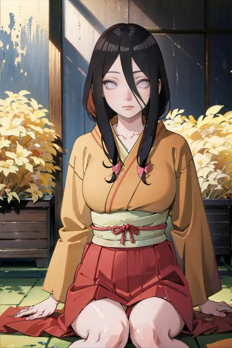 tmasterpiece， hoang lap ， （Complicated details）， （rich colourful）， movie lighting， bust， the Extremely Detailed CG Unity 8K Wallpapers ， Hinata flower ratio， 1girll， solo， orange kimono， Red hakama skirt， obi strip， Wide sleeves， looking at viewert， ventan...