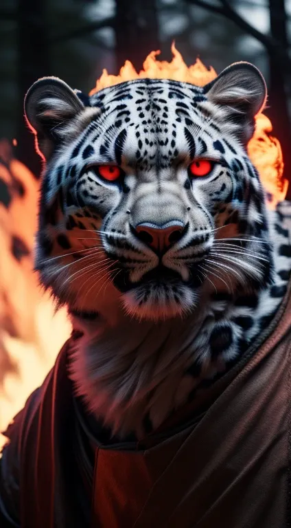 (best quality,16k,32k,highres,masterpiece:1.2),ultra-detailed,(realistic,photorealistic,photo-realistic:1.37),(The ultimate Orochi snow Leopard) glowing red eyes realistic fire background of totally destroyed Forest alone looking at the camera serious expr...