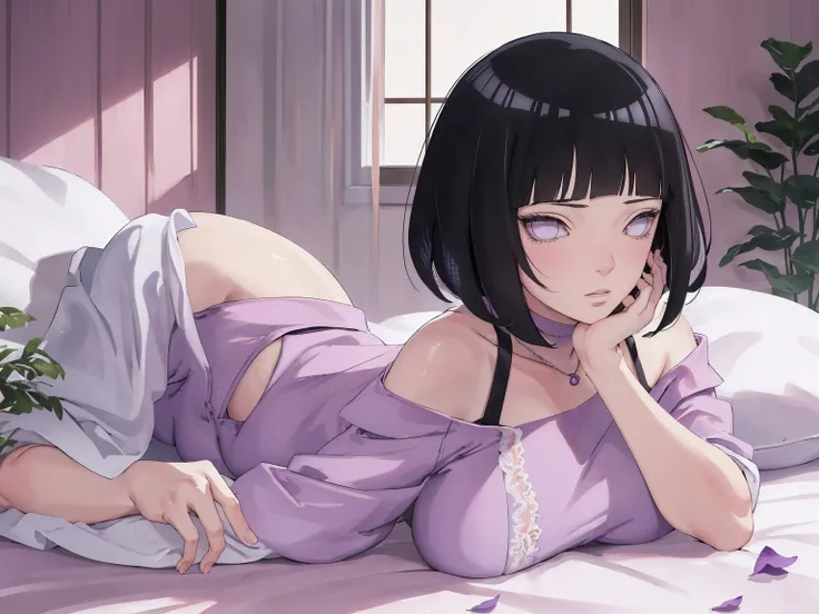 { - anatomy error} (Masterpiece - Ultra-detailed, very high resolution) (huge titusty, masterpiece, absurdres, hinata(boruto), 1girl, solo,mature female, off-shoulder bra, high waist black short skirt, looking at viewelling petals), perfect composition, de...