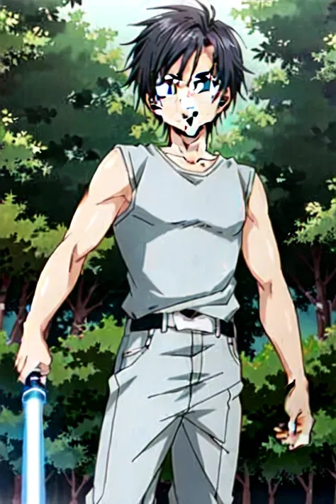 1 boy with his features of medium short wavy hair dark color age about 18 years old with a medium athletic body standing in a forest holding a worn lightsaber