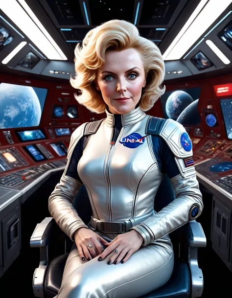 (masterpiece, best quality, illustration, unreal engine 5, official art:1.3), Rich Red color scheme, Don Lawrence hyper realistic picture of Blond Haired [Marilynn Monroe:Elisabeth Sladen:0.45] as a Female Space Explorer, a technocratic, omnivorous, irides...