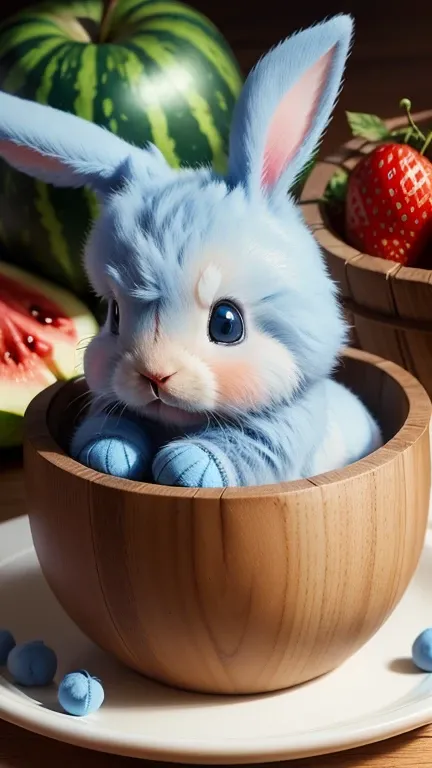 :3. Light blue bunny baby, actual, hairy, animals in clothes, apple, Bear, Teak, cherry, food, fruit, whole body, have, non-human, strawberry, tomato, watermelon