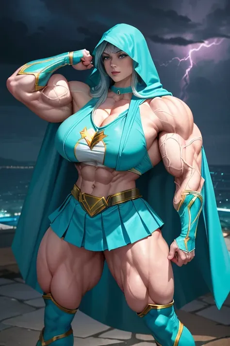 ((((Massive, tall, beautiful, buff, pale white skinned muscular woman with cyan hair, ginormous bulky muscles and wearing a cyan Shazamsuit with pleated skirt and a hooded cape)))), close view, ((massive muscle)), massive biceps, hyper muscle shoulders, ma...