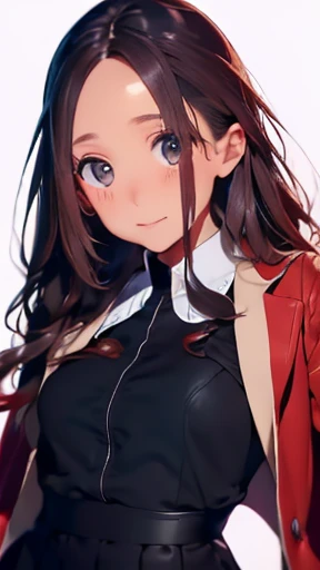 highest quality、realistic、Japanese、girl、zoom、look up、cute、gray eyes、long hair、brown hair、all back、Forehead is coming out、red long coat、black bustier、Black culotte skirt、face close up