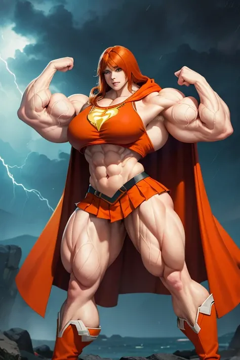 ((((Massive, tall, beautiful, buff, pale white skinned muscular woman with orange hair, ginormous bulky muscles and wearing a orange Shazamsuit with pleated skirt and a hooded cape)))), close view, ((massive muscle)), massive biceps, hyper muscle shoulders...