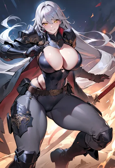 (masterpiece), (best quality:1.4), (perfect anatomy:1.4), high quality, expressive eyes, full body, detailed face, beautiful face, perfect face, 1 girl, breasts, gloves, (large breasts), military uniform, black jacket, jacket, very long hair, ({pale skin})...