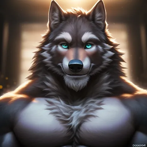 (solo, male:1.1, canine, wolf:1.1, werewolf, muscular, large muscles, large pectorals, mature male, older, facial hair, beard, happy, grey fur, teal eyes:1.1, body hair, full-body:1.1, by doooo2424), (best quality:1.2, 4k, 8k, highres, masterpiece:1.2), ul...