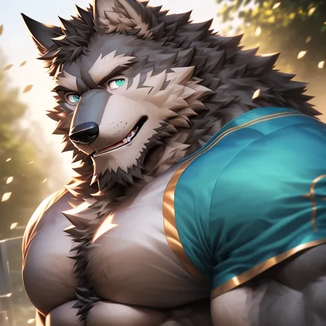 (solo, male:1.1, canine, wolf:1.1, werewolf, muscular, large muscles, large pectorals, mature male, older, facial hair, beard, happy, grey fur, teal eyes:1.1, body hair, full-body:1.1, by doooo2424), (best quality:1.2, 4k, 8k, highres, masterpiece:1.2), ul...