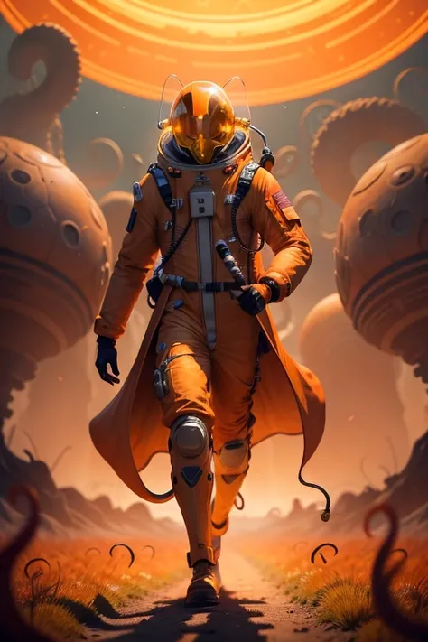 He strides through a field of tentacles orange they are with small suction fingers on them. He is wearing a long coat. He’s also has a space suit on with an orange helmet open face. He seems happy but nervous. He’s obviously an alien planet galaxy in the b...