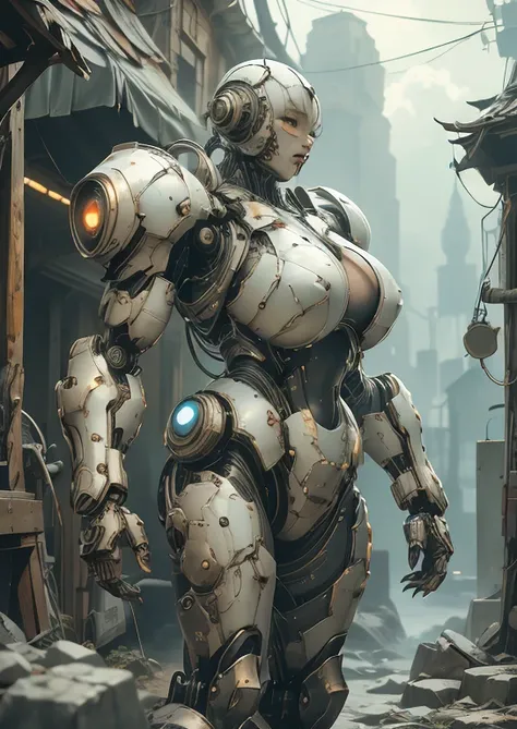 nsfw masterpiece，（best quality）giant cyberpunk female mechanical titan，marble prosthetic breast modified with giant mechanical s...