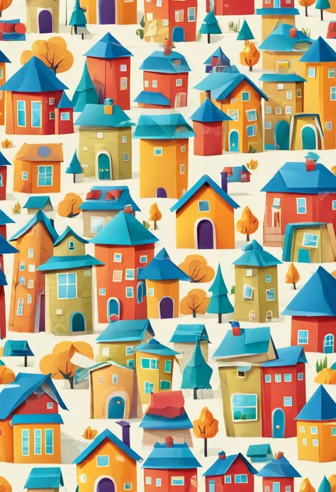 Paper houses, cartoon-style icons