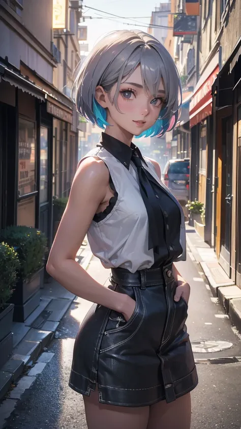 (Highly detailed CG unit 8k wallpaper, masterpiece, High resolution, highest quality, natural skin texture), Composition from head to stomach:1.5, (20 year old woman, Hands in pockets pose:1.3, smile, detailed eyes, gradient eyes), (Stalgic Fashion, detail...