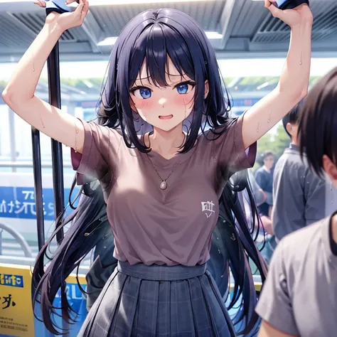 nsfw、masterpiece、high school girl、crowded train、are standing、((whole body))、hold on to the strap、gray t-shirt、short skirt、((((脇s...