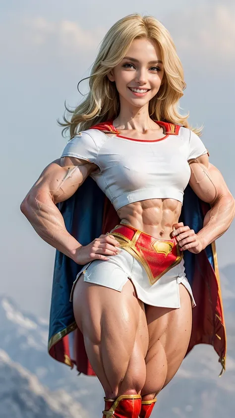 (Muscular:2), (thick thighs:1.9), 
(supergirl:1.3), (blonde hair:1.5), blue eyes, (big smile:1.6), beauty mark, (small breasts:1.5),
eyeshadow, lipstick, (white tshirt, midriff, small cape, red miniskirt:1.5),
looking at viewer, three quarter view, upper b...