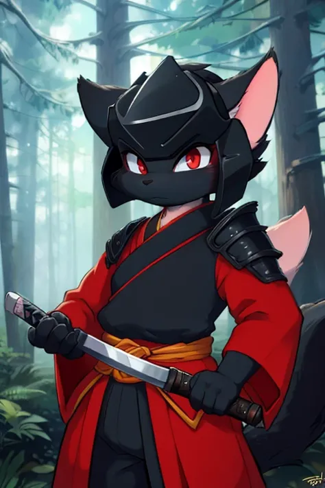 (A masterpiece in high definition)) , ((Best quality)), illustration, fluffy, Cat, animal ears, tail, bodysuit, black fur, 1 guy, upper body, 1 guy solo, adult *//*, Red eyes *//*, black full samurai armor, Samurai helmet, I look down to the right, Empty e...