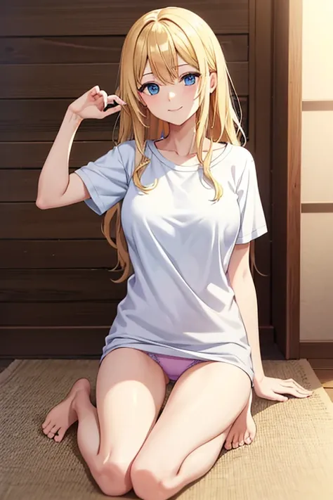 anime picture、full body portrait、A woman in her 30s, around 170cm tall, wearing a plain T-shirt and underwear.、blonde semi-long waves、Sleepy smile、blue eyes、barefoot
