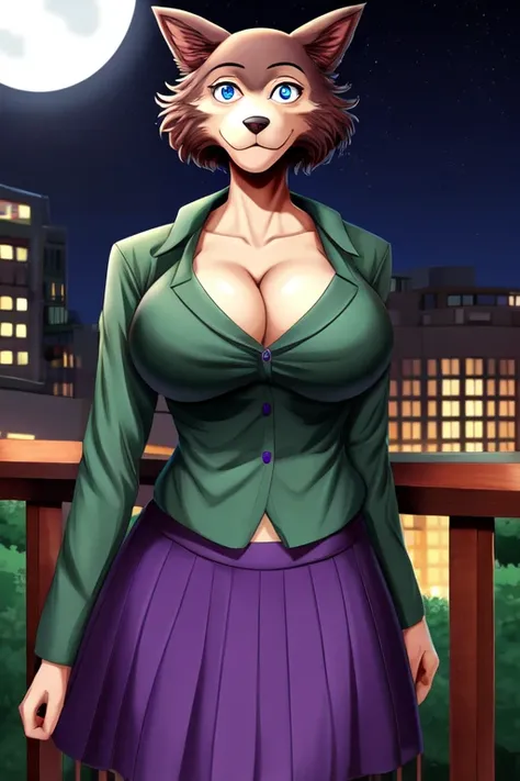 Beastars art style, beastars, Juno, brown wolf, she Wolf, 1girl, furry, long curly brown fur, slim figure, blue eyes, wide hips, Big breasts, purple skirt, purple top, cleavage, night time, woods