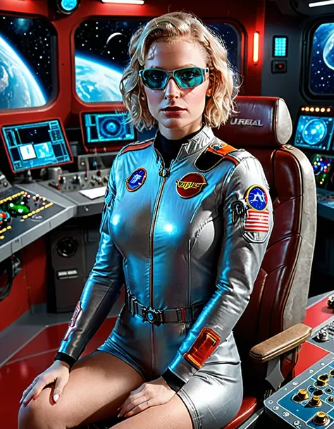 (masterpiece, best quality, illustration, unreal engine 5, official art:1.3), Rich Red color scheme, Don Lawrence hyper realistic picture of 24 yo Blond Haired [Marilynn Monroe:Maude Adams:0.45] as a Female Space Explorer, a technocratic, omnivorous, iride...