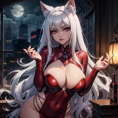 Beast woman, silver hair, sexy clothes, sexy pose,moonlight, red flash, big breasts, sweet