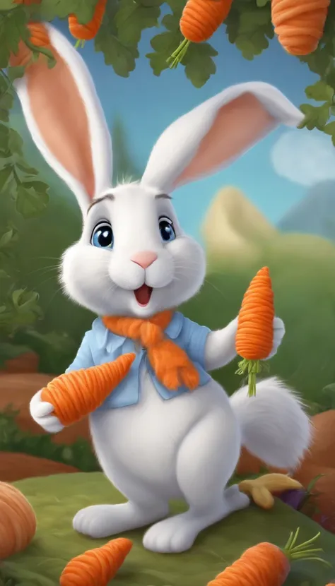 Cute cartoon rabbit, Rabbit is crocheting a carrot, There are a lot of yarn in the background