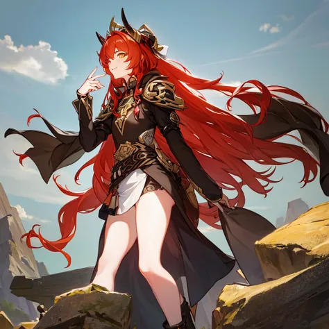 ((Masterpiece: 1.5, best quality, high resolution: 1.3, super resolution, super detailed, ultra detailed: 1.3, rich background: 1.2, Perfect Anatomy:1.5, 1 woman) pale skin + flame red hair + Long curly hair + yellow eyes + feminine figure + medium chest +...