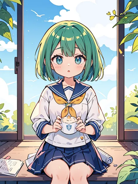 masterpiece, beautiful illustrations, highest quality, pretty girl, 1girl, classroom, pastel colour, sailor collar, (Spring Green bob cut), bright lighting, sky-blue eyes