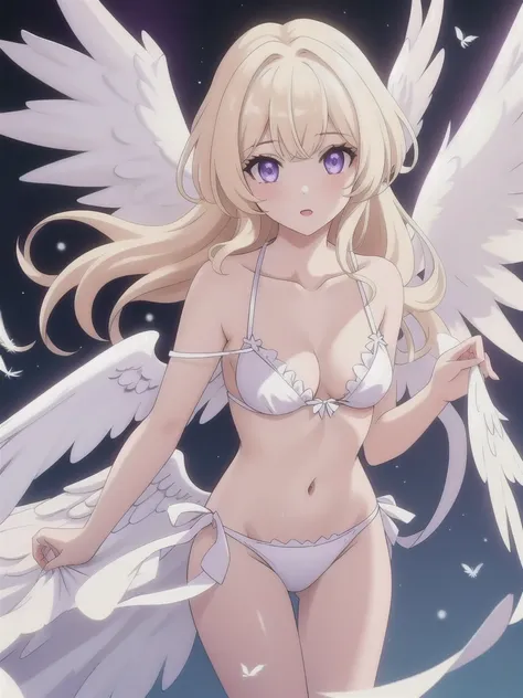 1girl, purple color eyes, looking at viewer, solo, white bikini, angel, angel wings, collarbone, feathered wings, white wings, blonde hair, standing, perfect quality, good quality, masterpiece, HDR, UHD