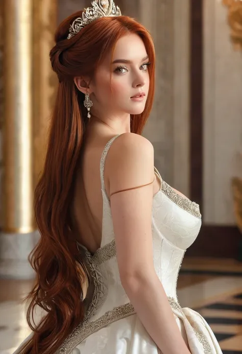 auburn hair, amber eyes, sexy princess, royalty, long hair, hair-up, slender body, dynamic angle, gentle expression, throne room, elegant, dignified, intimidating [masterpiece, ultra-detailed, best quality] , gigantic breast 