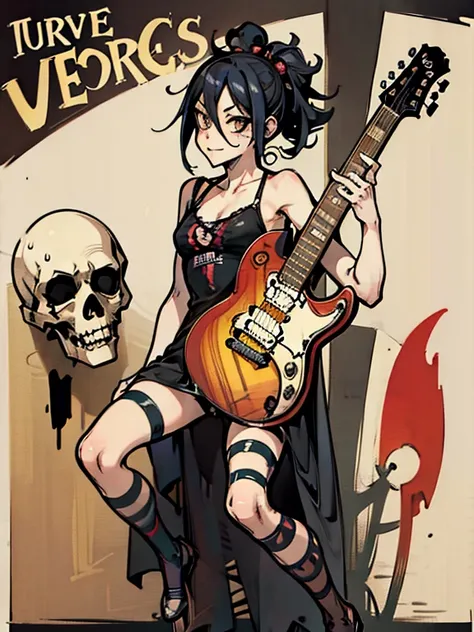 ((Hardcore Punk Girl))、((British punk rock girl)), ((circus)), ((guitarを弾いている)),cartoon style, Horror elements, Comic book style illustrations, (drawing style), Japanese painting, full body (Spooky), Japanese carving, primitive art, circus, crazy illustrat...