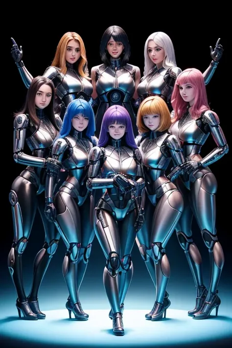 Many schoolgirls transformed into Woman Cybertrons,
 whole body mechanics,　
 Only the faces of all of them remain human.,
 They all have different hair colors and hairstyles.,
 Everyone&#39;s entire body is mechanical and made of metal.,
 Everyone&#39;s wh...