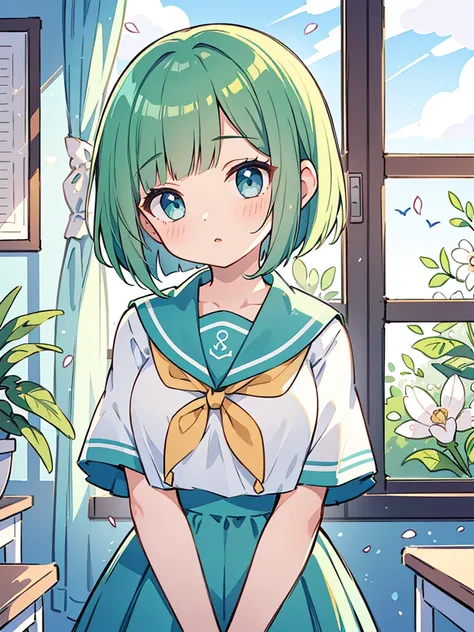 masterpiece, beautiful illustrations, highest quality, pretty girl, 1girl, classroom, pastel colour, sailor collar, (Spring Green bob cut), bright lighting, sky-blue eyes