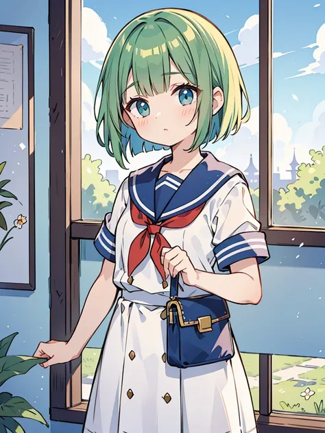 masterpiece, beautiful illustrations, highest quality, pretty girl, 1girl, classroom, pastel colour, sailor collar, (Spring Green bob cut), bright lighting, sky-blue eyes