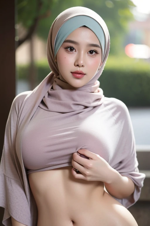 A masterpiece, a 22 years old malay woman, wearing hijab but naked, narrow waist, soft lighting, round big breast, (open breasts), blushy face, (chubby), looking at the viewer. (Skin details:1.3), harden nipples, part lips, modern hijab, seductive with bok...