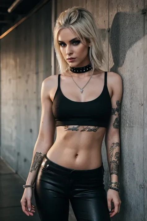 (best quality,highres),(realistic:1.37),blonde sexy punk woman,smokey eyes,excited gaze,pale,thin figure,skinny,medium-sized breasts,choker,tight pants,thin white belly,tight tank top,tattoos,seductive atmosphere,graffiti backdrop,industrial setting,silver...