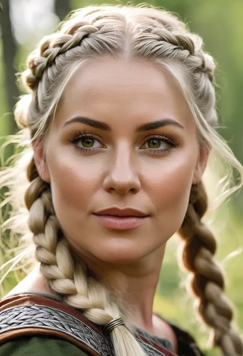 best quality,4k,8k,highres,masterpiece:1.2),ultra-detailed,(realistic,photorealistic,photo-realistic:1.37),portrait, (viking woman), scandinavian, 35 years old,chubby, "Ingrid Mueller" (light blonde hair braids), birch forest, natural lighting, soft shadow...