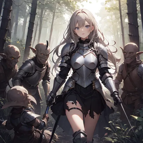 a female knight, (in forest), wearing armored clothes, metal armor, night, details face, , short skirt, surrounded by goblins, v...