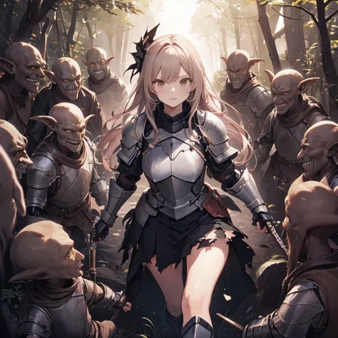 a female knight, (in forest), wearing armored clothes, metal armor, night, details face, , short skirt, surrounded by goblins, v...