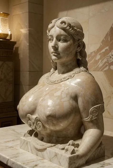 (best quality, highres, ultra-detailed, realistic:1.37), ancient Aztec (marble statue) stone_staute of a (chubby) (fat) woman, intricate sculpted details, smooth texture, serene expression, flowing drapery, delicate carvings, lifelike proportions, graceful...