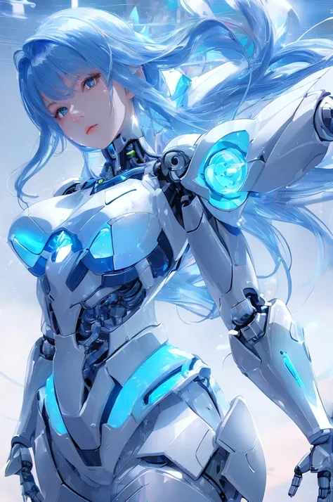 Mechanical girl，Robotic arm，full-body shot, fantastic colors, close up,  reflective transparent iridescent color,soft lighting/ soft light, high detail, ultra high definition，blue、white