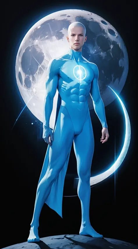 full body photorealistic ulra realism of picture of Zane as Dr. Manhattan. the moon as background