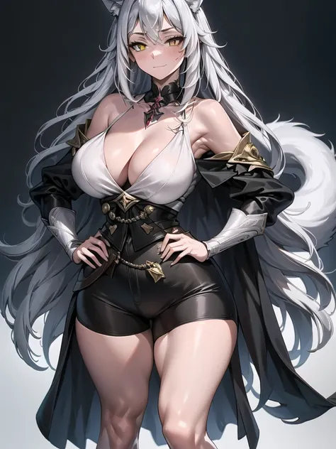 Full body portrait, single woman, masterpiece, 4k, wallpaper, highlydetailed face, ultra-detailed face, voluptuous, big breasts, curvy, long hair, gray-silver hair, a young wolf woman, wolf ears, long wolf tail, beautiful, enchanting, bright yellow eyes, d...